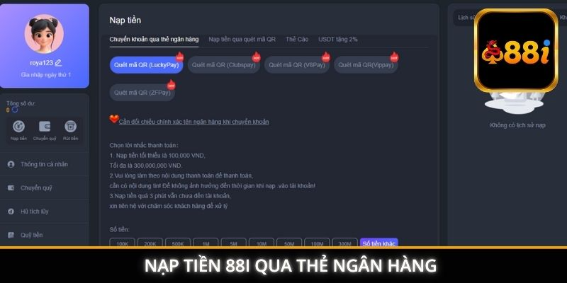 Nạp tiền 88I qua thẻ ngân hàng
